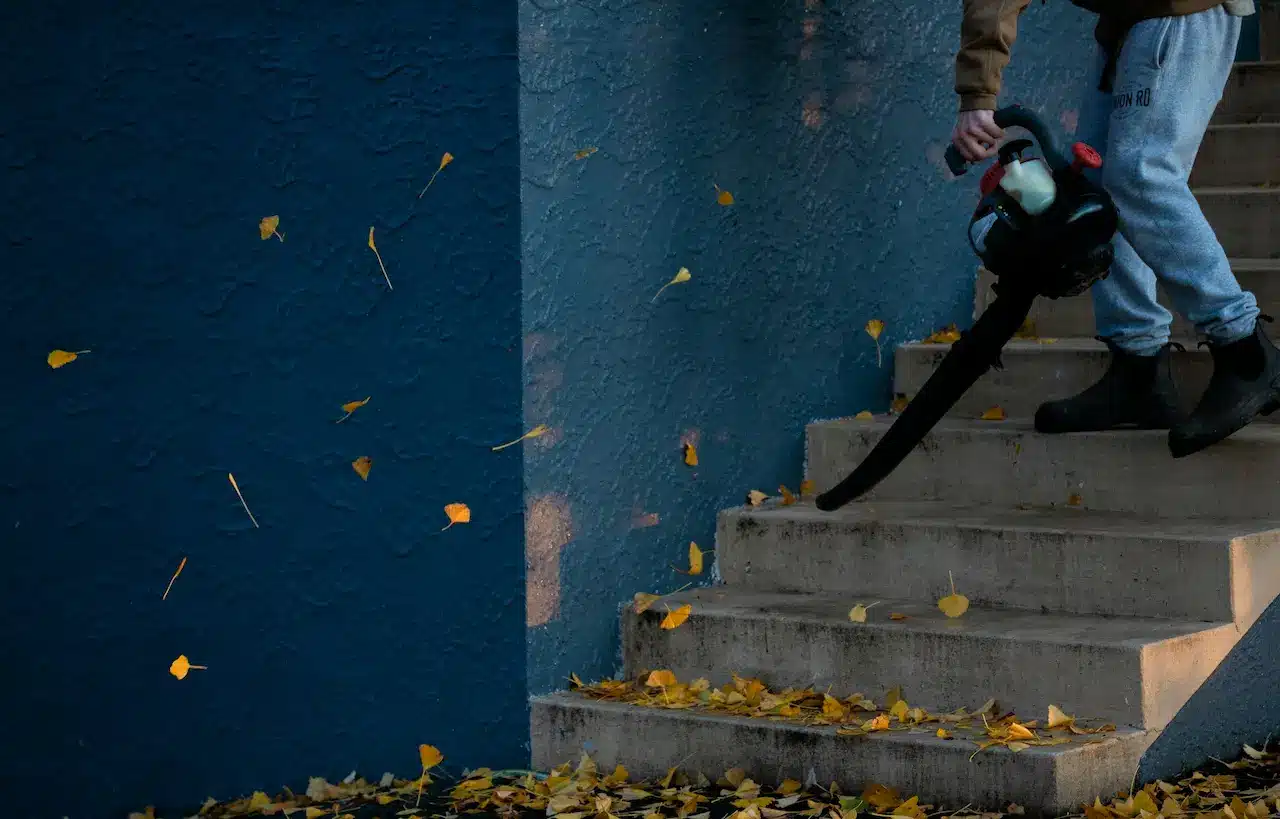 Man Cleaning the Dry Leaves on the Stairs 